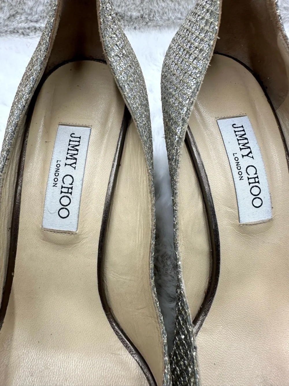 Jimmy Choo Isabel Champagne Glitter Peep Toe Pumps 40.5 US 10.5 Gold Heels